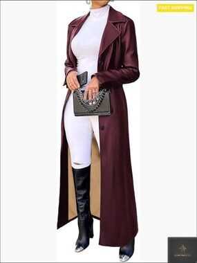 Faux Leather Trench Coat Maxi Duster Long Sleeve Button Down Chic Classic